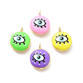 Brass Enamel Charms, Real 18K Gold Plated, Long-Lasting Plated, Flat Round with Evil Eye, Mixed Color, 19x15.5x8mm, Hole: 2mm