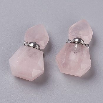 Hexagon Natural Rose Quartz Perfume Bottle Pendants, with 304 Stainless Steel Findings, Faceted, Stainless Steel Color, 27~27.5x16~17x8mm, Hole: 1.4mm, Capacity: 0.1ml(0.00fl. oz)