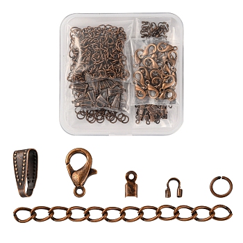 DIY Jewelry Making Finding Kit, Including Alloy Lobster Claw Clasps, Iron Jump Rings & Folding Crimp Ends & Ends Chains, Brass Snap on Bails & Wire Guardian, Red Copper, 200Pcs/box