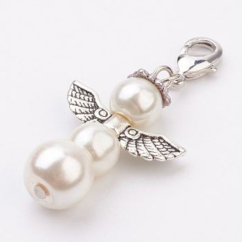 Alloy Pendants, with Brass Lobster Claw Clasps and Glass Pearl, Angel, Antique Silver, Old Lace, 47mm