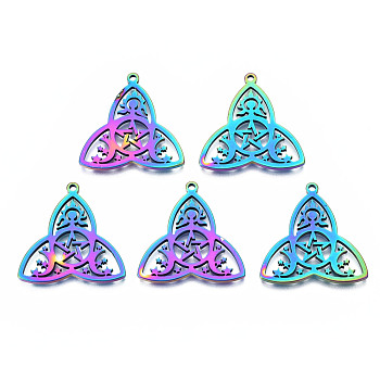 Ion Plating(IP) 201 Stainless Steel Pendants, Trinity Knot, Rainbow Color, 25x25x1.5mm, Hole: 1.4mm