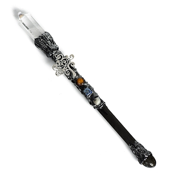 Natural Quartz Crystal & Obsidian Magic Wand, Cosplay Magic Wand, with Wood Wand, for Witches and Wizards, Tree, 290mm