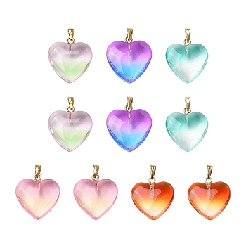 10Pcs 5 Colors Two Tone Transparent Glass Pendants, with Golden Plated Iron Findings, Heart Charms, Mixed Color, 22x20.5x7mm, Hole: 6x2mm, 2Pcs/color