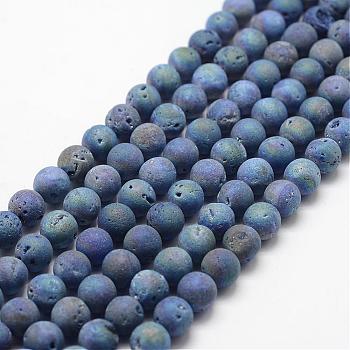 Electroplated Natural Quartz Crystal Beads Strands, Druzy Geode Crystal, Round, Marine Blue, 8mm, Hole: 1mm, about 50pcs/strand, 15.3 inch(39cm)