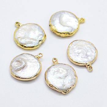 Natural Cultured Freshwater Pearl Pendants, with Brass Findings, Flat Round, Golden, 20~26x16~20x4~6mm, Hole: 1mm