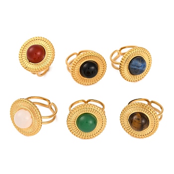 Flat Round Natural Mixed Stone Finger Rings, Golden Tone 304 Stainless Steel Cuff Rings for Women, Inner Diameter: 17mm