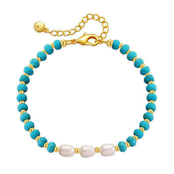 Natural Pearl & Synthetic Turquoise Beaded bracelet, with Golden Brass Chains