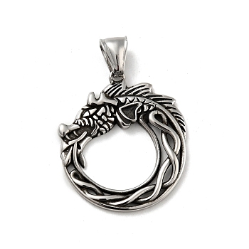 304 Stainless Steel Pendants, Dragon, Antique Silver, 34.5x30.5x3mm, Hole: 4x8mm