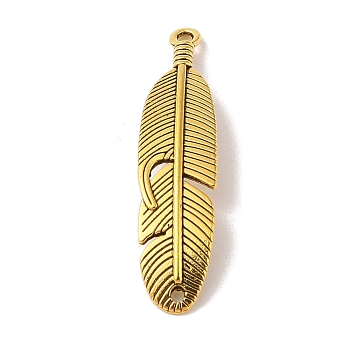 Tibetan Style Alloy Pendant, Lead Free & Cadmium Free, Feather, Antique Golden, 45.5x10.5x1.5mm, Hole: 1.8mm and 1.5mm