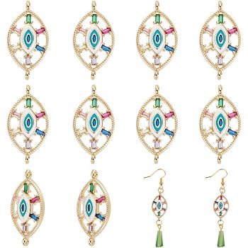 10Pcs Brass Colorful Cubic Zirconia Connector Charms, with Enamel, Horse Eye with Evil Eye, Golden, 13.5x26.5x3.5mm, Hole: 1.2mm