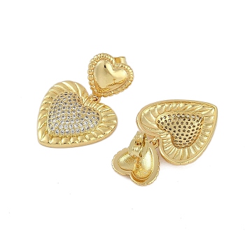 Rack Plating Brass Heart Stud Earrings for Women, with Clear Cubic Zirconia, Long-Lasting Plated, Golden, 30.5x20mm