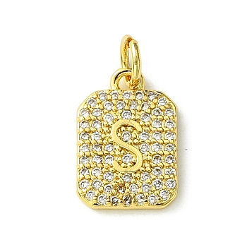 Rack Plating Brass Micro Pave Clear Cubic Zirconia Charms, Long-Lasting Plated, Lead Free & Cadmium Free, Rectangle with Letter Pattern, with Jump Ring, Real 18K Gold Plated, Letter S, 14x9.5x2mm, Hole: 3mm