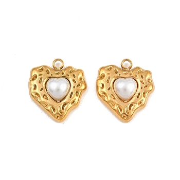 304 Stainless Steel & ABS Plastic Pearl Pendants, Hammered Heart Charms, Ion Plating(IP), Golden, 16.5x14.5x5mm, Hole: 1.8mm