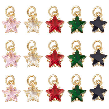 15Pcs 5 Colors Eco-friendly Brass Micro Pave Cubic Zirconia Charms, with Jump Ring, Cadmium Free & Lead Free, Real 18K Gold Plated, Star Charm, Mixed Color, 11x8.5x5mm, Jump Ring: 5x0.9mm, 3.2mm Inner Diameter, 3pcs/color
