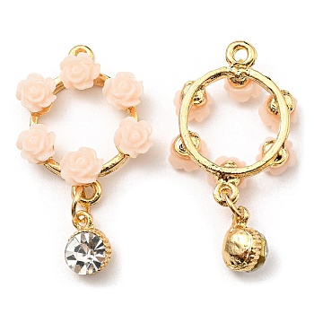 Resin Flower Garland Pendants, Wreath Golden Plated Alloy Charms with Crystal Rhinestone, Cadmium Free & Nickel Free & Lead Free, Pink, 35x19.5x5mm, Hole: 1.5mm
