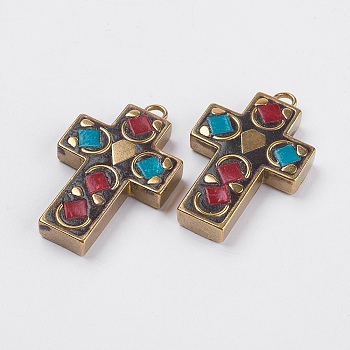 Handmade Polymer Clay Pendants, with Brass Findings, Nickel Free, Raw(Unplated), Cross, Colorful, 36x22x5mm, Hole: 2.5mm