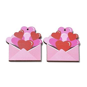 Single Face Printed Wood Pendants, Valentine's Day Charms, Envelope, 43x41x2.5mm, Hole: 1.6mm