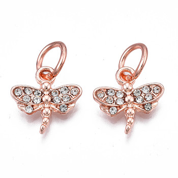 Rack Plating Alloy Charms, with Crystal Rhinestone, Cadmium Free & Nickel Free & Lead Free, Autumn Pendants, Dragonfly, Rose Gold, 14x14x2.5mm, Jump Ring: 8x1mm, 5mm inner diameter