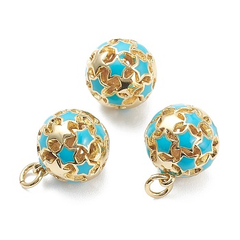 Brass Enamel Charms, with Jump Ring, Real 18K Gold Plated, Long-Lasting Plated, Round with Star, Deep Sky Blue, 14.5x12.5mm, Jump Ring: 5x1mm, Hole: 3mm
