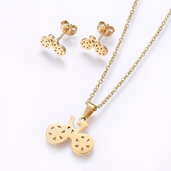 304 Stainless Steel Jewelry Sets, Stud Earrings and Pendant Necklaces, Bike, Golden, Necklace: 17.7 inch(45cm), Stud Earrings: 8x11x1.2mm, Pin: 0.8mm