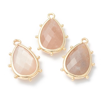 Natural Sunstone Pendants, with Golden Brass Edge, Faceted, Teardrop, 22.5x14x5.5mm, Hole: 1.6mm
