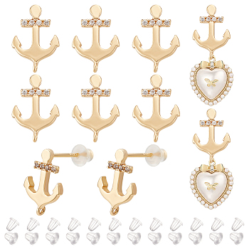10pcs Brass Cubic Zirconia Stud Earring Findings, with Vertical Loops & 925 Sterling Silver Pins, Anchor, with 30Pcs Plastic Ear Nuts, Real 18K Gold Plated, 12.5x8.5mm, Hole: 0.8mm, Pin: 0.7mm