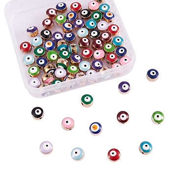 72Pcs 12 Colors Alloy Enamel Beads, Column with Evil Eye, Mixed Color, 8x6~7mm, Hole: 1mm, 6pcs/color