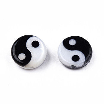 Natural Freshwater Shell Printed Beads, Yin Yang Pattern, Black, White, 8x2.5mm, Hole: 0.9mm