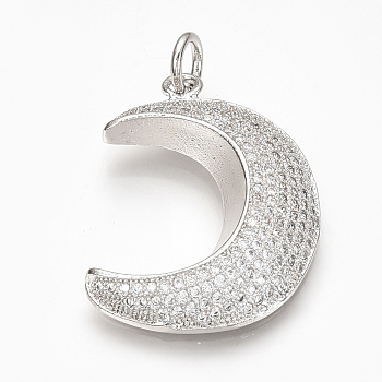 Brass Micro Pave Cubic Zirconia Pendants, with Jump Rings, Moon, Platinum, 28.5x20.5x5mm, Hole: 3.5mm