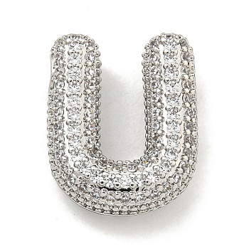 Platinum Plated Brass Micro Pave Cubic Zirconia Pendants, Letter Charms, Letter U, 20x20.8x6mm, Hole: 3x2mm