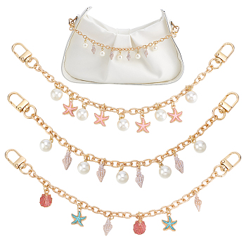 3Pcs 3 Styles Ocean Theme Alloy Enamel with Plastic Pearl Shell Shape & Starfish Tassel Bag Decorative Chains, Mixed Color, Golden, 277mm, 1pc/style