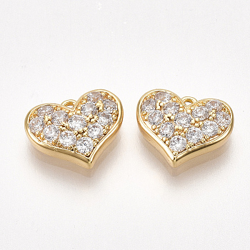 Valentine's Day Brass Cubic Zirconia Charms, Heart, Real 18K Gold Plated, Camellia, 8x9.5x2.5mm, Hole: 0.7mm