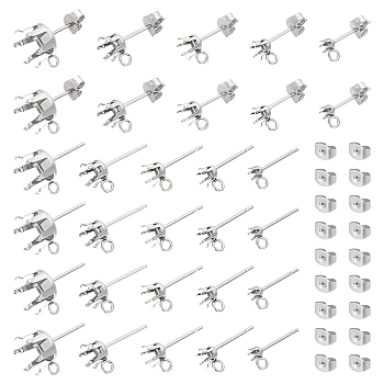 50Pcs 5 Style 304 Stainless Steel Post Stud Earring Settings, Prong Earring Setting, with Loop and 50Pcs Ear Nuts, Stainless Steel Color, 14~17.5x5.9~10mm, Hole: 1.7mm, Pin: 0.7mm, Tray: 3~9mm, 10Pcs/style