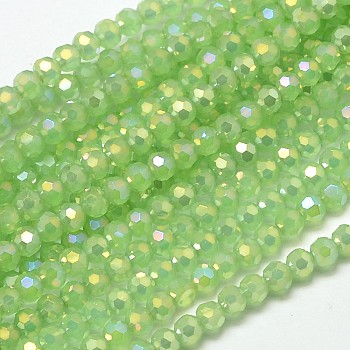 Faceted(32 Facets) Round Full Rainbow Plated Imitation Jade Electroplate Glass Beads Strands, Light Green, 4mm, Hole: 1mm, about 100pcs/strand, 14.9 inch