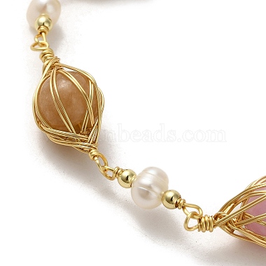 Natural Pearl & Mixed Stone Round Link Bracelets(BJEW-C051-33G)-2
