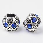 Alloy Rhinestone Rondelle Large Hole European Beads, Antique Silver, Sapphire, 11x9mm, Hole: 5mm(MPDL-R036-80B)