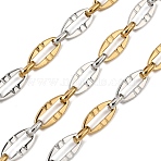 Two Tone 304 Stainless Steel Dapped Chains, Ion Plating(IP), Unwelded, with Spool, Oval, Real 18K Gold Plated, 14x7x1.5mm(CHS-K018-44GP)