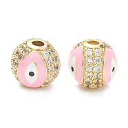 Brass Micro Pave Cubic Zirconia Charms, with Enamel,  Long-Lasting Plated, Flat Round with Evil Eye, Real 18K Gold Plated  , Pink, 10mm, Hole: 2mm(ZIRC-A019-16G-B01)