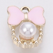 Alloy Enamel Pendants, with ABS Plastic Imitation Pearl, Bowknot, Golden, Pink, 18x13x7.5mm, Hole: 2mm(ENAM-Q427-02B)