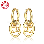 Real 18K Gold Plated 925 Sterling Silver Hoop Earrings, Initial Letter Drop Earrings, with S925 Stamp, Letter B, 20x8.5mm(ZC9557-3)