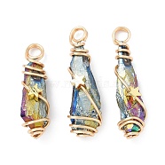 Electroplated Raw Rough Natural Quartz Crystal Copper Wire Wrapped Pendants, Rainbow Plated Teardrop Charms with Brass Star Beads, Golden, 25~33x9x8~9mm, Hole: 3mm(PALLOY-JF02414-01)