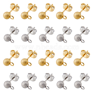Unicraftale 40Pcs 2 Color 304 Stainless Steel Stud Earring Findings, Textured Ball Stud Earring Post with Ear Nuts and Horizontal Loops, Golden & Stainless Steel Color, 8x5mm, Hole: 2mm, Pin: 0.6mm, 20Pcs/color(STAS-UN0044-44)