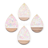 Transparent Resin & White Wood Pendants, Teardrop Charms with Paillettes, Clear, 36.5x24.5x3mm, Hole: 2mm(RESI-N039-35)