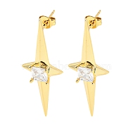 Star Shape Rack Plating Brass Micro Pave Cubic Zirconia Dangle Stud Earrings, Long-Lasting Plated, Cadmium Free & Lead Free, Real 18K Gold Plated, 38x13.5mm(EJEW-P240-03G)