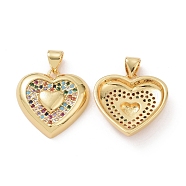 Brass Cubic Zirconia Pendants, Heart Charm, Real 18K Gold Plated, Colorful, 19x19x5mm, Hole: 3.5x5mm(KK-G453-02G-01)