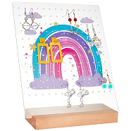 Transparent Acrylic Slant Back Earring Display Stands, with Wooden Base, Rectangle with Rainbow, Hot Pink, Finish Product: 23x8x27.5cm(EDIS-WH0035-20A-01)