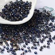 Iris Glass Seed Beads, Half Plated, Two Tone, Round, Midnight Blue, 8/0, 3x2mm, Hole: 1mm(SEED-Z001-B-D06)