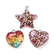 Transparent Resin Pendants, Star/Heart Charms with Paillettes & Platinum Tone Iron Loops, Mixed Color, 23~30x22~28x4.5~6.5mm, Hole: 2mm(RESI-G101-04)