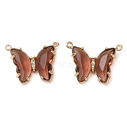 Brass Pave Faceted Glass Connector Charms, Golden Tone Butterfly Links, Sienna, 17.5x23x5mm, Hole: 0.9mm(FIND-Z020-03I)