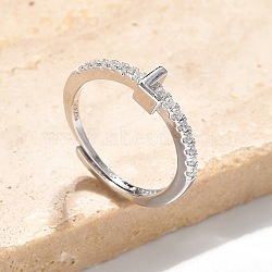 S925 Sterling Silver Adjustable Letter Rings for Women, with Micro Pave Cubic Zirconia, Letter L, 2mm,US Size 5 1/2(16.1mm), Letter: 5x4mm(RJEW-M068-01P-L)